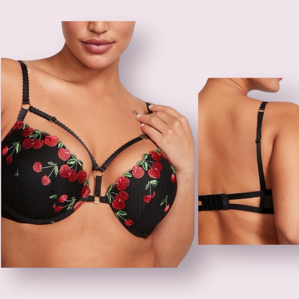 Victoria's Secret Very Sexy Cherry Embroidery Push-Up Bra Size 34 C Black & Red